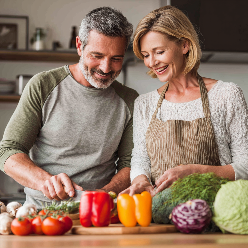 Happy couple in their forties cooking together healthy meal following wundelost nutrition plan