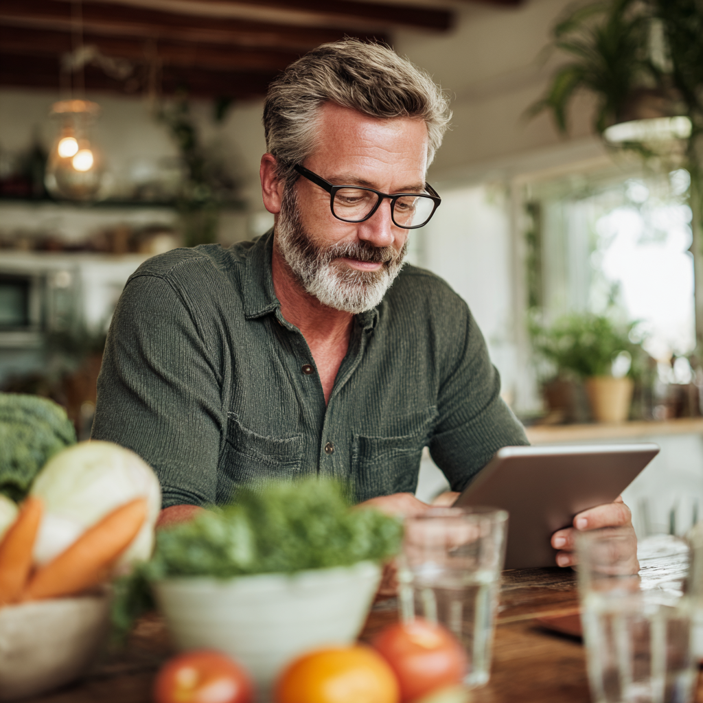 Man in his fifties using tablet to plan weekly meals in bright dining room
