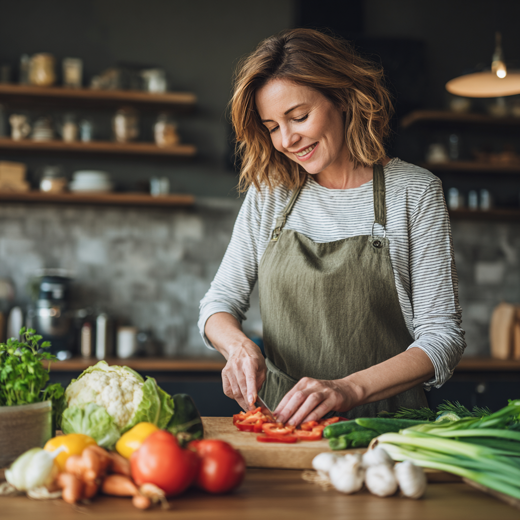 Woman in her forties preparing healthy meal with fresh vegetables in modern kitchen